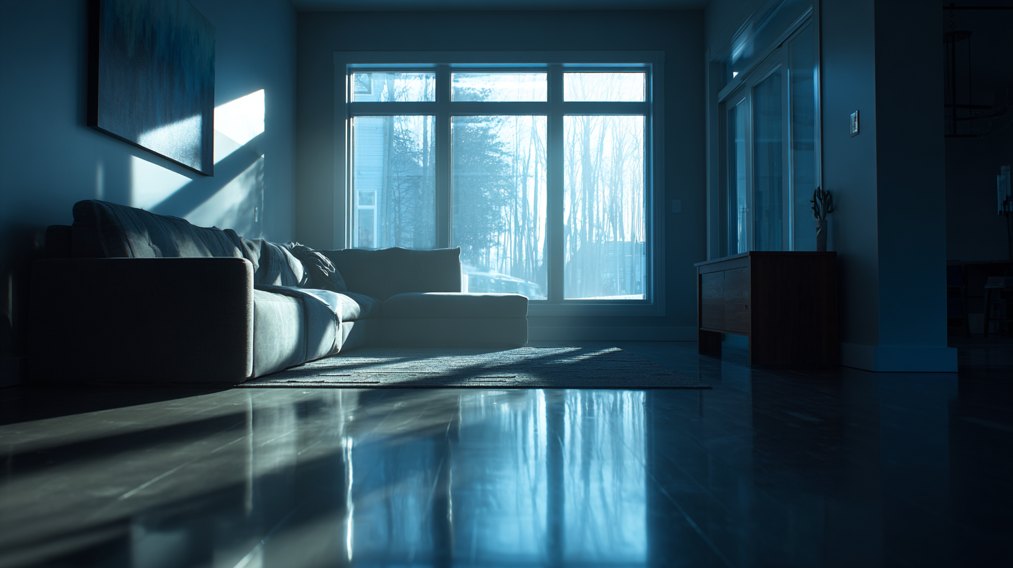 1 cloverdalepaint_A_professional_interior_photography_shot_of_a_a8f9ae33-cbe0-4368-99ea-7488bcadcc75_0 a modern Canadian living room in winter, low-angle sunlight streaming through a large window, long dramatic shadows stretching across the floor, a cool blue atmospheric tint in the corners.