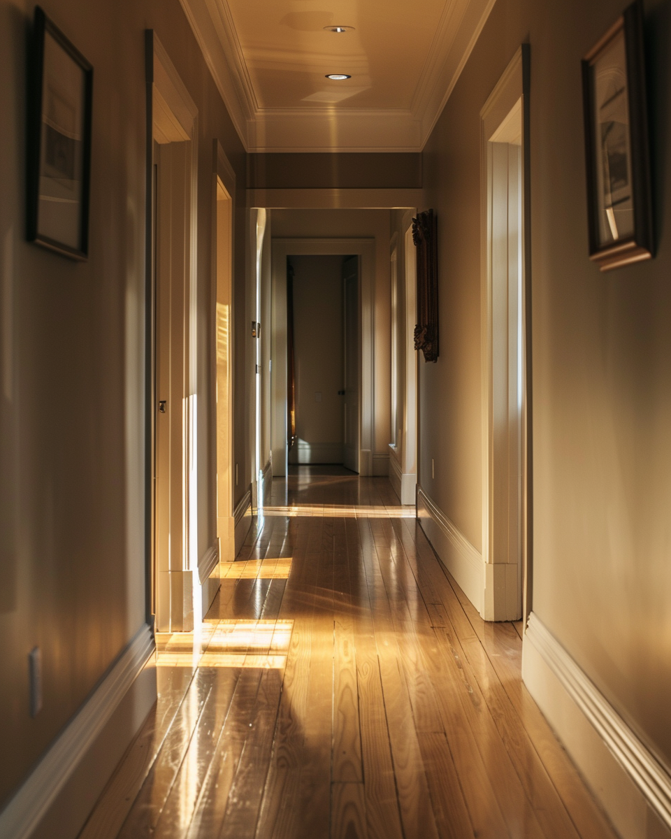 cloverdalepaint_A_long_narrow_Canadian_home_hallway_with_pear_8d9eab09-f803-4a87-8e8d-1311be33ff9a_0 light in hallways